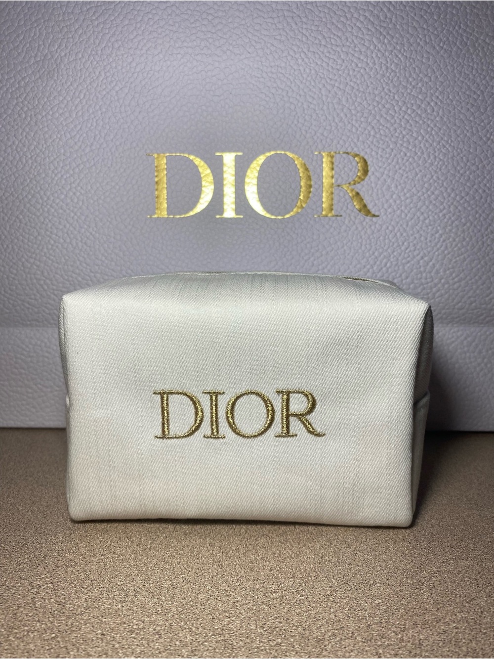 Dior Cream Cosmetic Pouch with Gold Logo